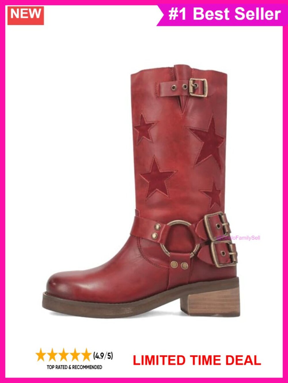 Faux Leather Mid Calf Riding Boots Square Toe Chunky Heel Buckle Moto